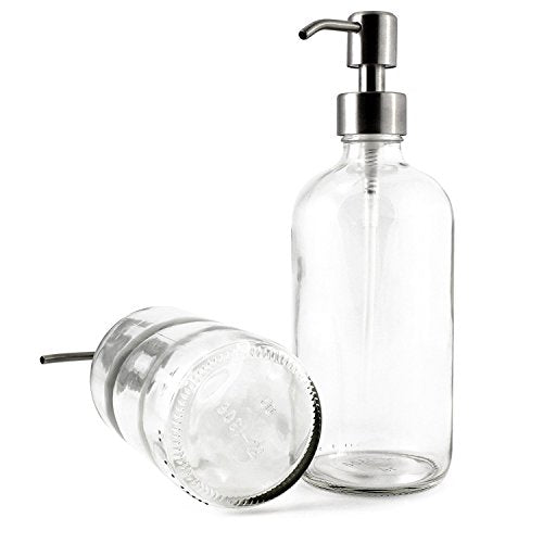 16-Ounce Clear Glass Bottle Dispensers w/ Stainless Steel Pumps (2 pack) - Kind4Earth