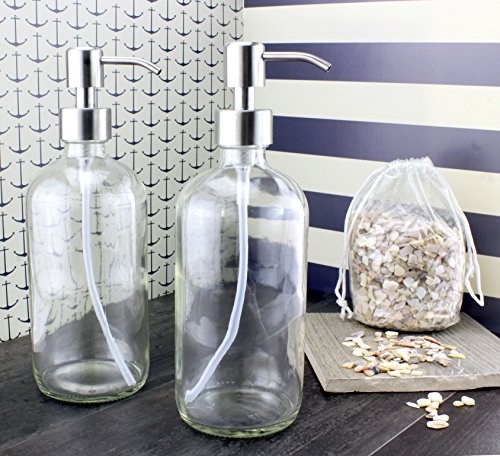 16-Ounce Clear Glass Bottle Dispensers w/ Stainless Steel Pumps (2 pack) - Kind4Earth
