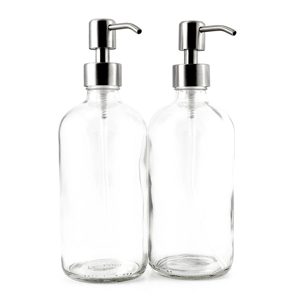 16-Ounce Clear Glass Bottle Dispensers w/ Stainless Steel Pumps (2 pack) - Kind4Earth